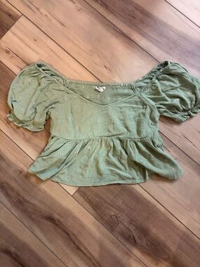 O'Neill Sage Green Eyelet Puff Sleeve Peplum Crop Top